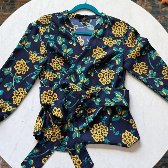 J crew wrap top navy with gold and teal florals size xs - Picture 2 of 8